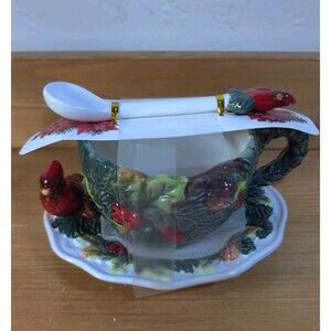 Corner Ruby Garden Collection 3 Pc Cardinal Teacup Saucer Spoon Set NWT